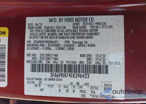 2014 Ford Fusion Se z USA, uszkodzony, nr VIN 3FA6P0H74ER396423